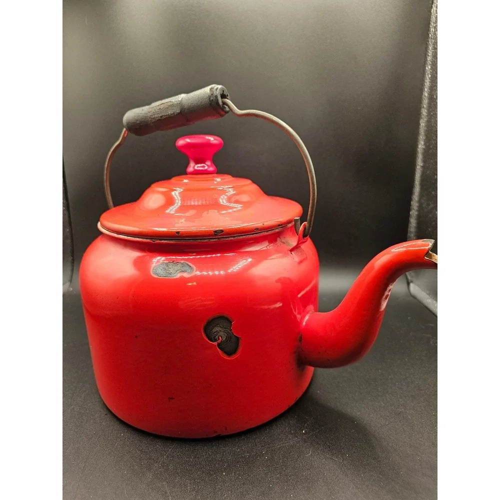 Vintage Red Enamel Tea Kettle Rustic Farmhouse Stovetop Decor Wood Handle XX